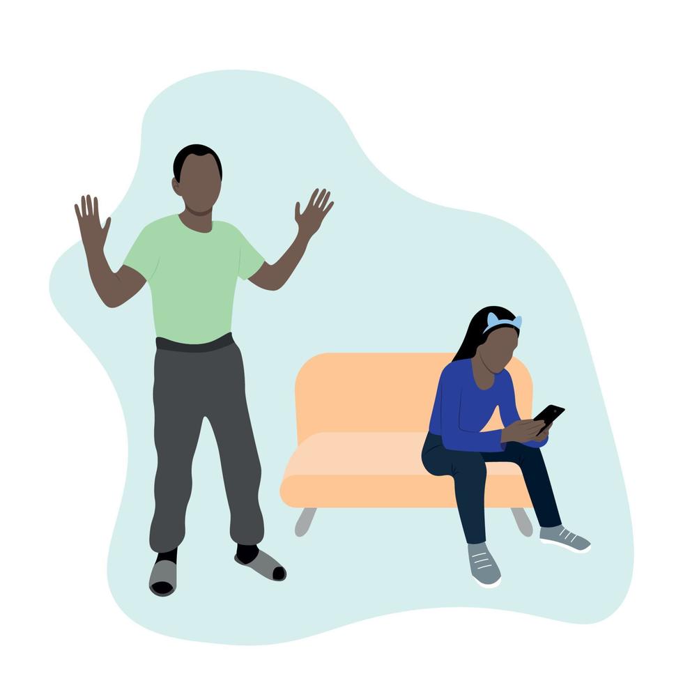 Dad scolds his daughter who is sitting on the couch with a phone in her hands, raising teenagers, flat vector, isolate on white, dark-skinned family vector