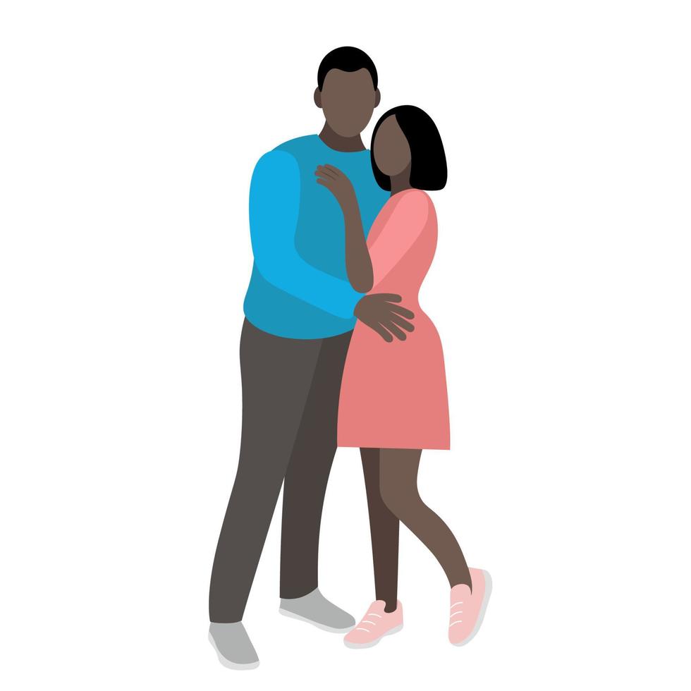A couple of dark-skinned people, a guy and a girl in full growth, lovers, isolated on white, flat vector