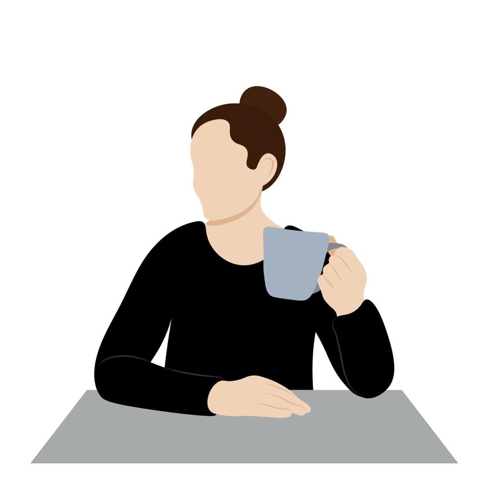 retrato de una chica de perfil con una taza en la mano en la mesa, vector plano, aislado en blanco, ilustración sin rostro