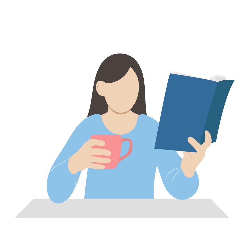 Portrait of a girl with a cup and a book in her hands at the table, flat vector, isolate on white, faceless illustration vector