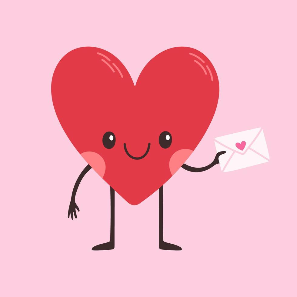 Cartoon heart character. Cute love symbol with face, hands and feet, emoji stickers emoticon vector