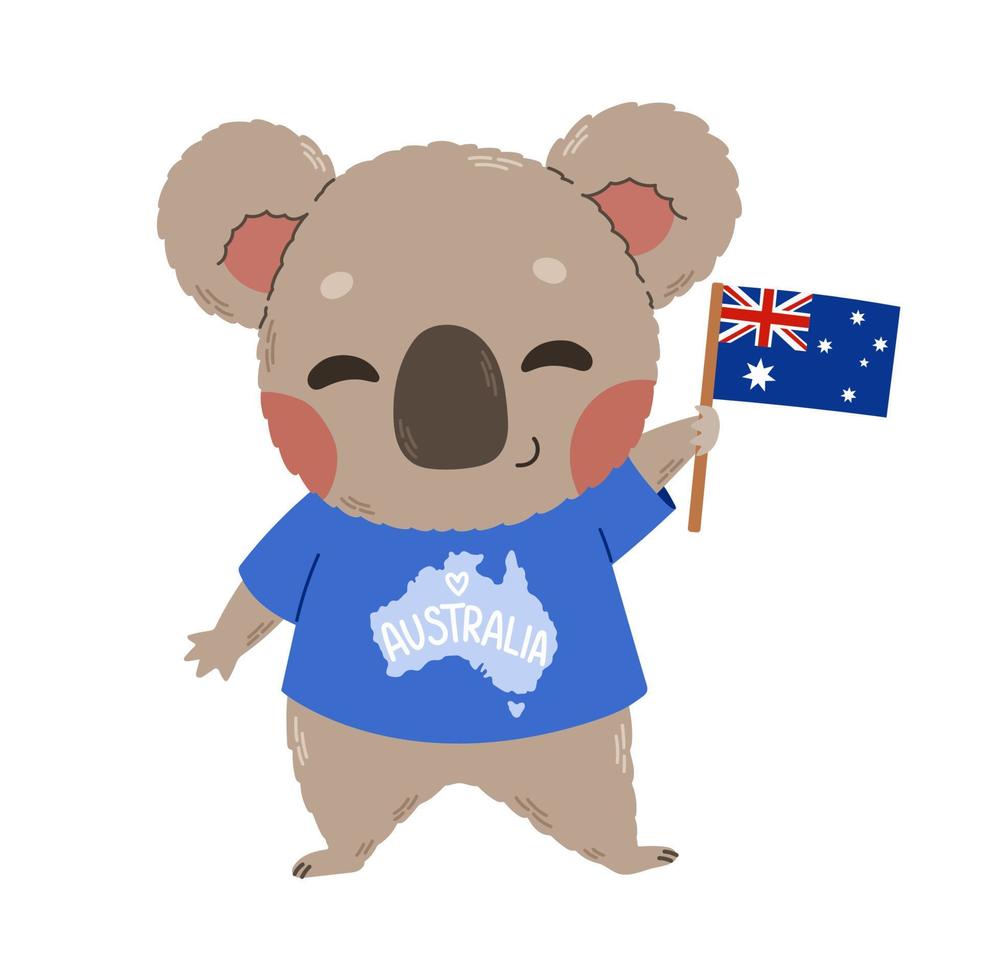 feliz día de australia observado cada año el 26 de enero koala con bandera en ilustración de plantilla dibujada a mano de dibujos animados planos vector