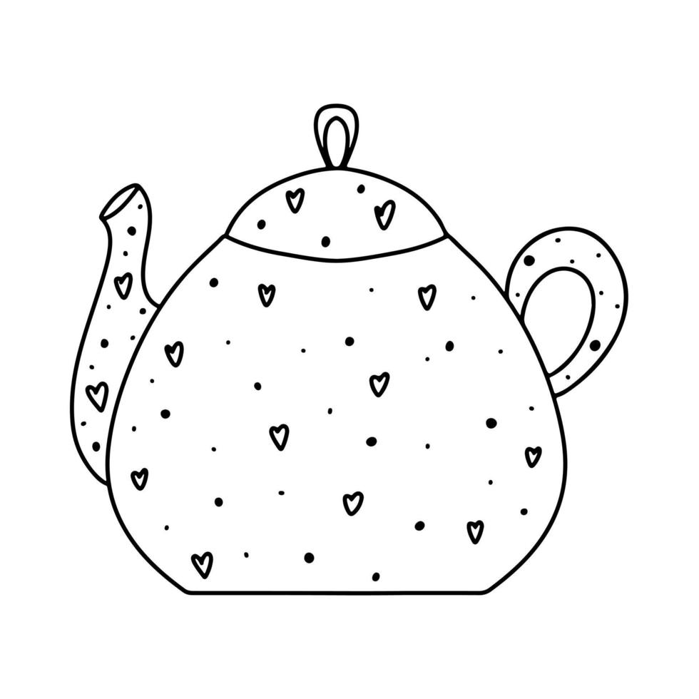 Teapot glasses in hand draw doodle style. Isolated on a white background. Vector stock illustration.