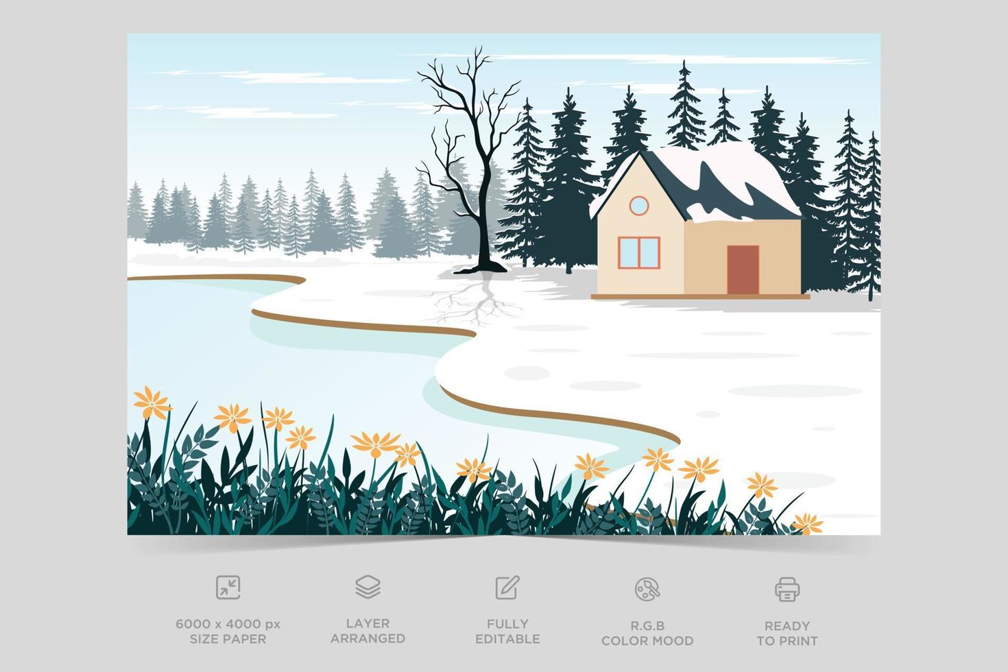 Horizon nature scene countryside with forest lake side view. Mountain green valley scene. Winter season scenic view. Village on river, mountain winter nature landscape vector illustration.