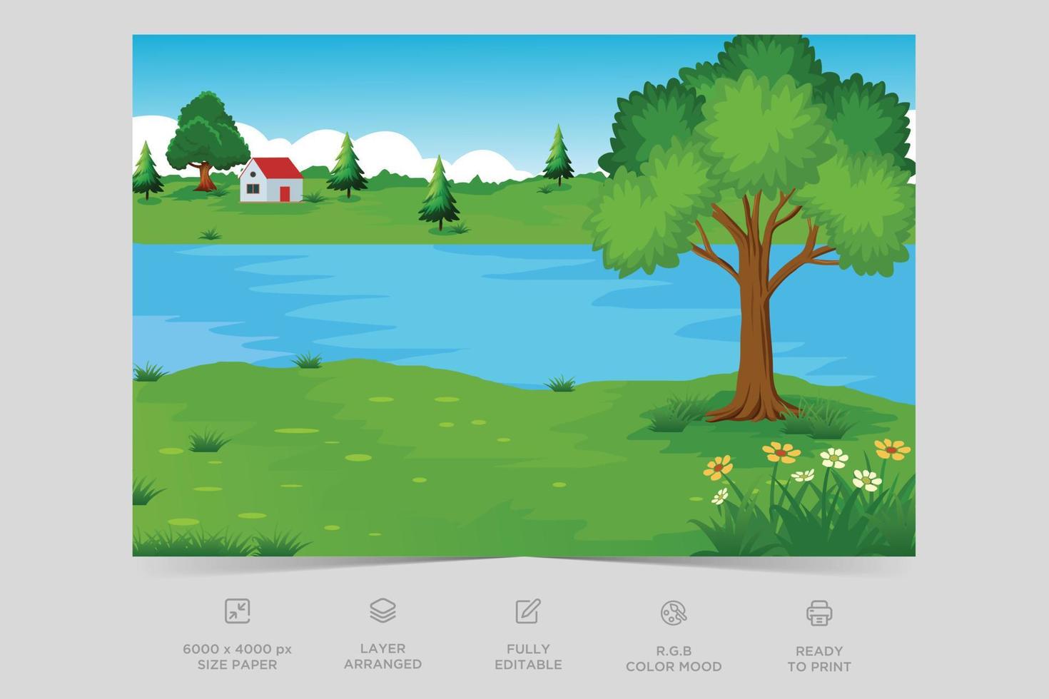 Horizon nature scene countryside with forest lake side view. Mountain green valley scene. Summer season scenic view. Village on river, mountain summer nature landscape vector illustration.