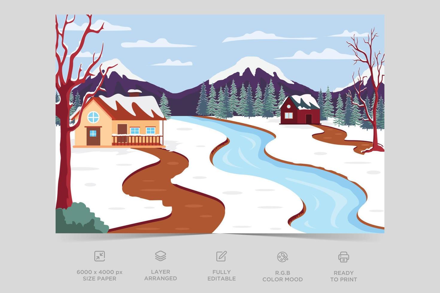 Horizon nature scene countryside with forest lake side view. Mountain green valley scene. Winter season scenic view. Village on river, mountain winter nature landscape vector illustration.