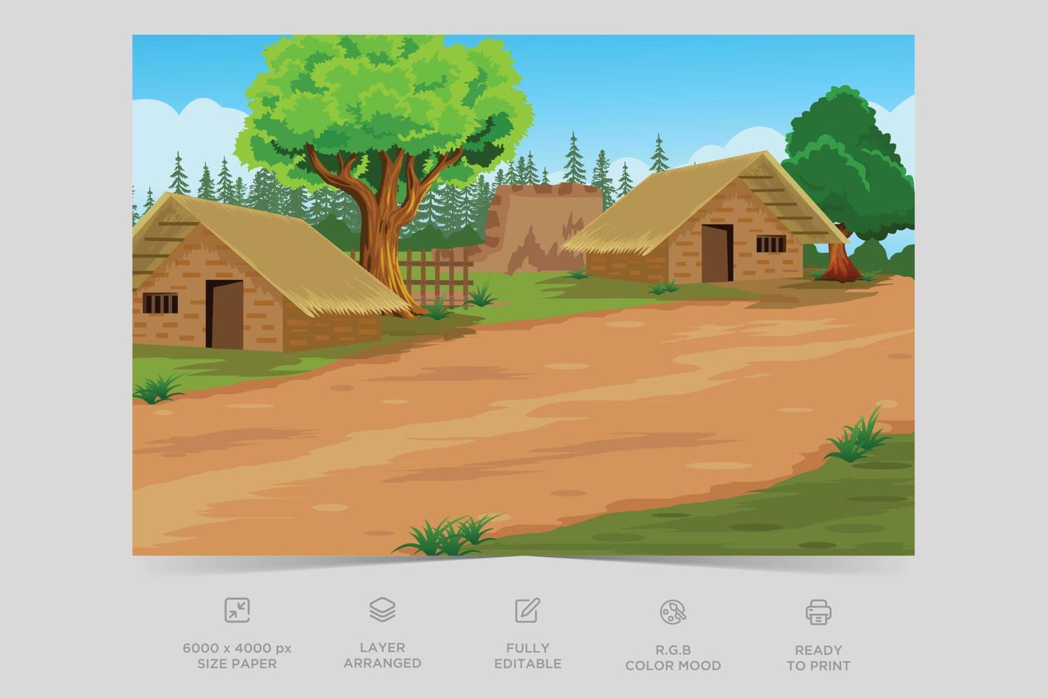 ilustración de fondo de pueblo indio. paisaje de montaña rural e ilustración de vector de pueblo. un pueblo precioso con tierras de cultivo, árboles, prados y con montañas al fondo.