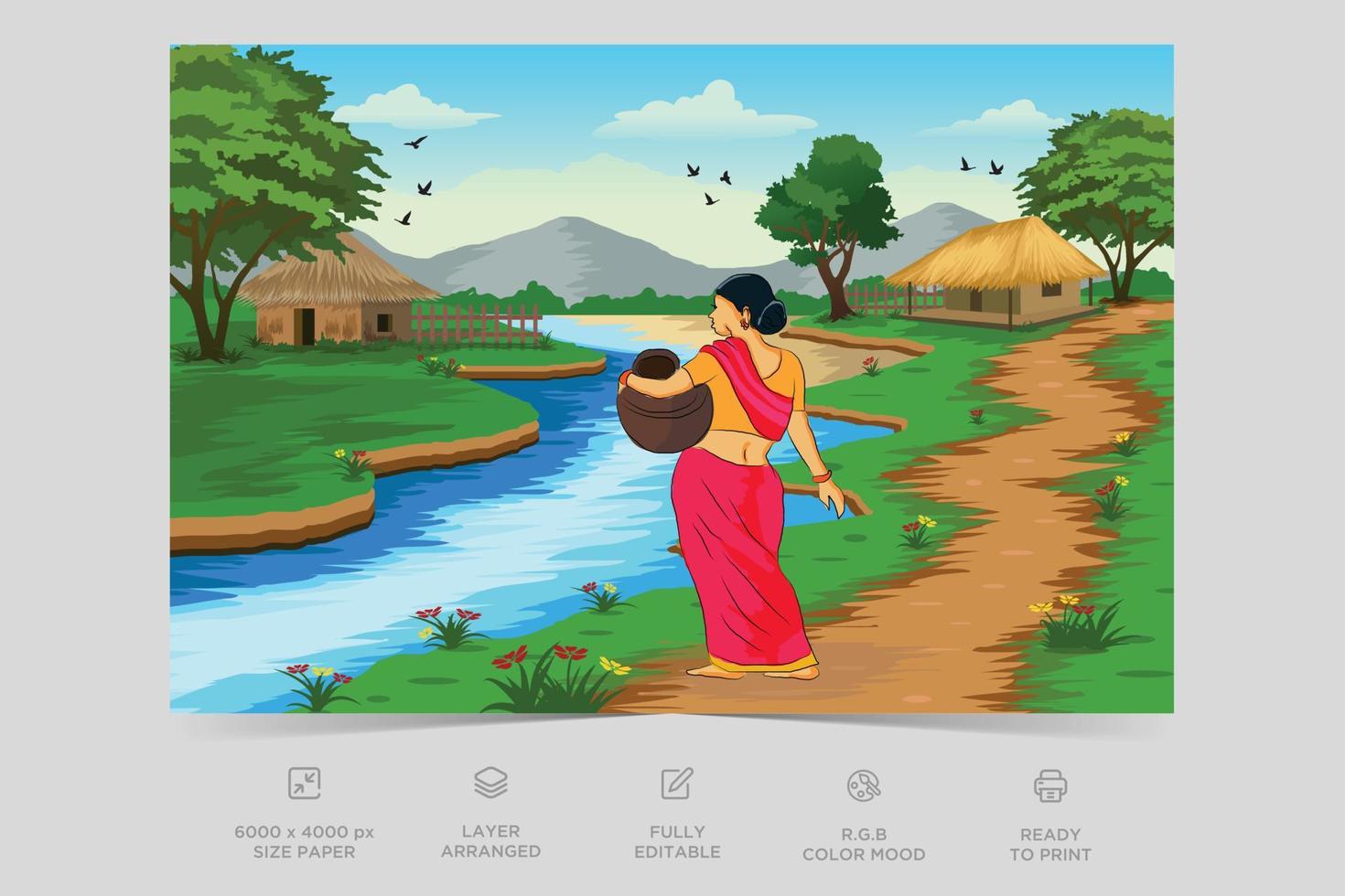 Indian Village Background Illustration. Rural mountain landscape and village vector illustration. A beautiful village with farmlands, trees, meadows and with mountains in the background.