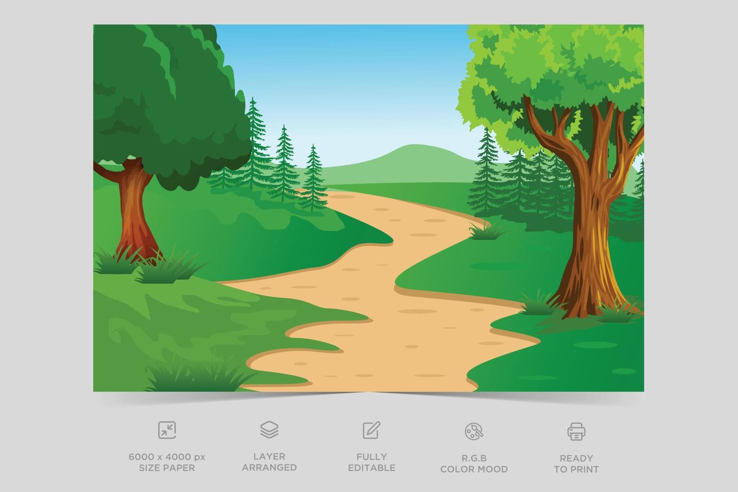 Horizon nature scene countryside with forest lake side view. Mountain green valley scene. Summer season scenic view. Village on river, mountain summer nature landscape vector illustration.