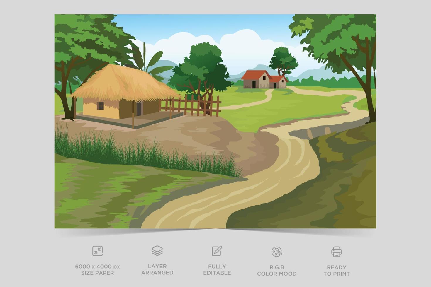 Indian Village Background Illustration. Rural mountain landscape and village vector illustration. A beautiful village with farmlands, trees, meadows and with mountains in the background.