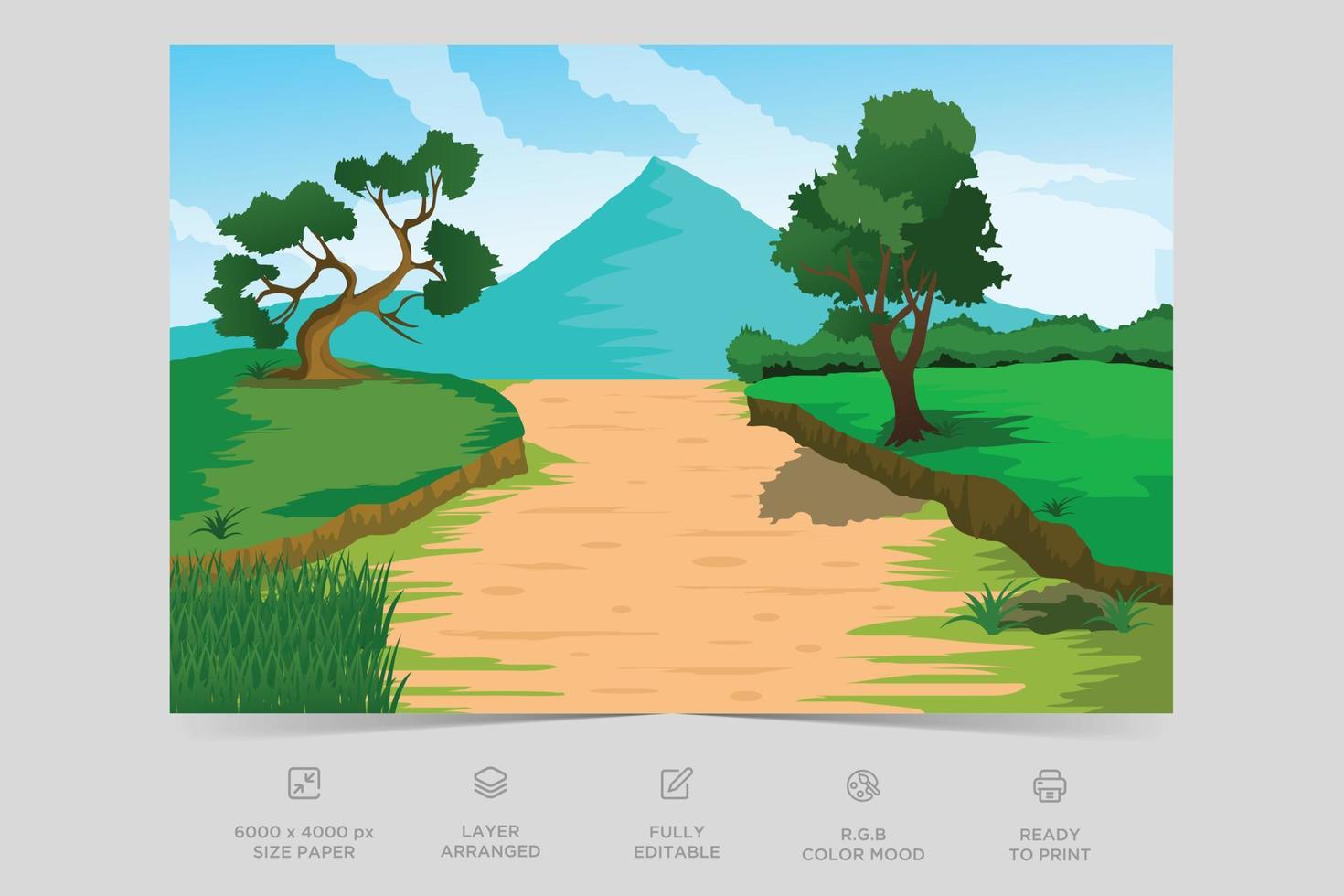 Horizon nature scene countryside with forest lake side view. Mountain green valley scene. Summer season scenic view. Village on river, mountain summer nature landscape vector illustration.