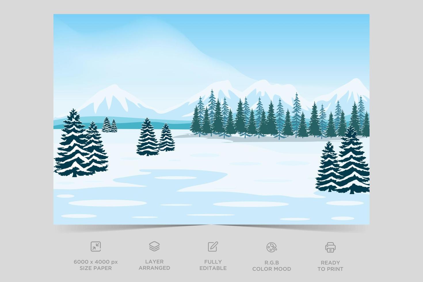 Horizon nature scene countryside with forest lake side view. Mountain green valley scene. Winter season scenic view. Village on river, mountain winter nature landscape vector illustration.