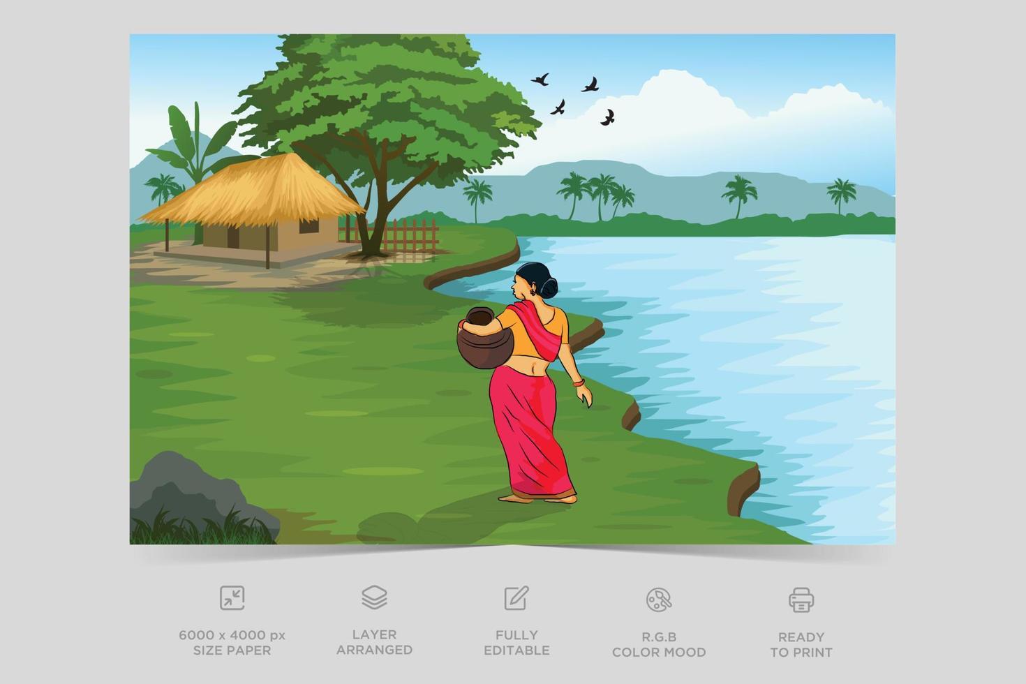 Indian Village Background Illustration. Rural mountain landscape and village vector illustration. A beautiful village with farmlands, trees, meadows and with mountains in the background.