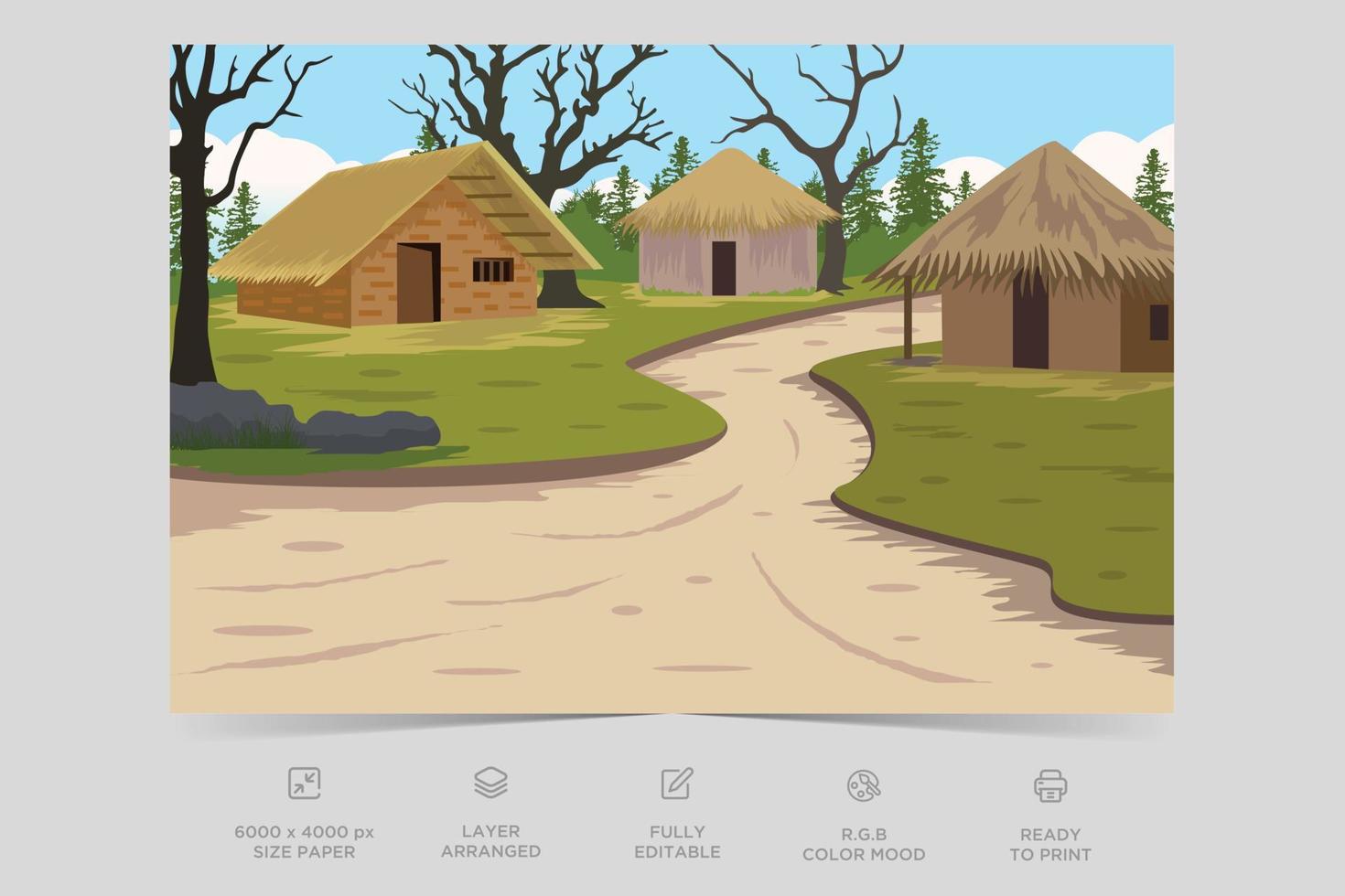 Indian Village Background Illustration. Rural mountain landscape and village vector illustration. A beautiful village with farmlands, trees, meadows and with mountains in the background.