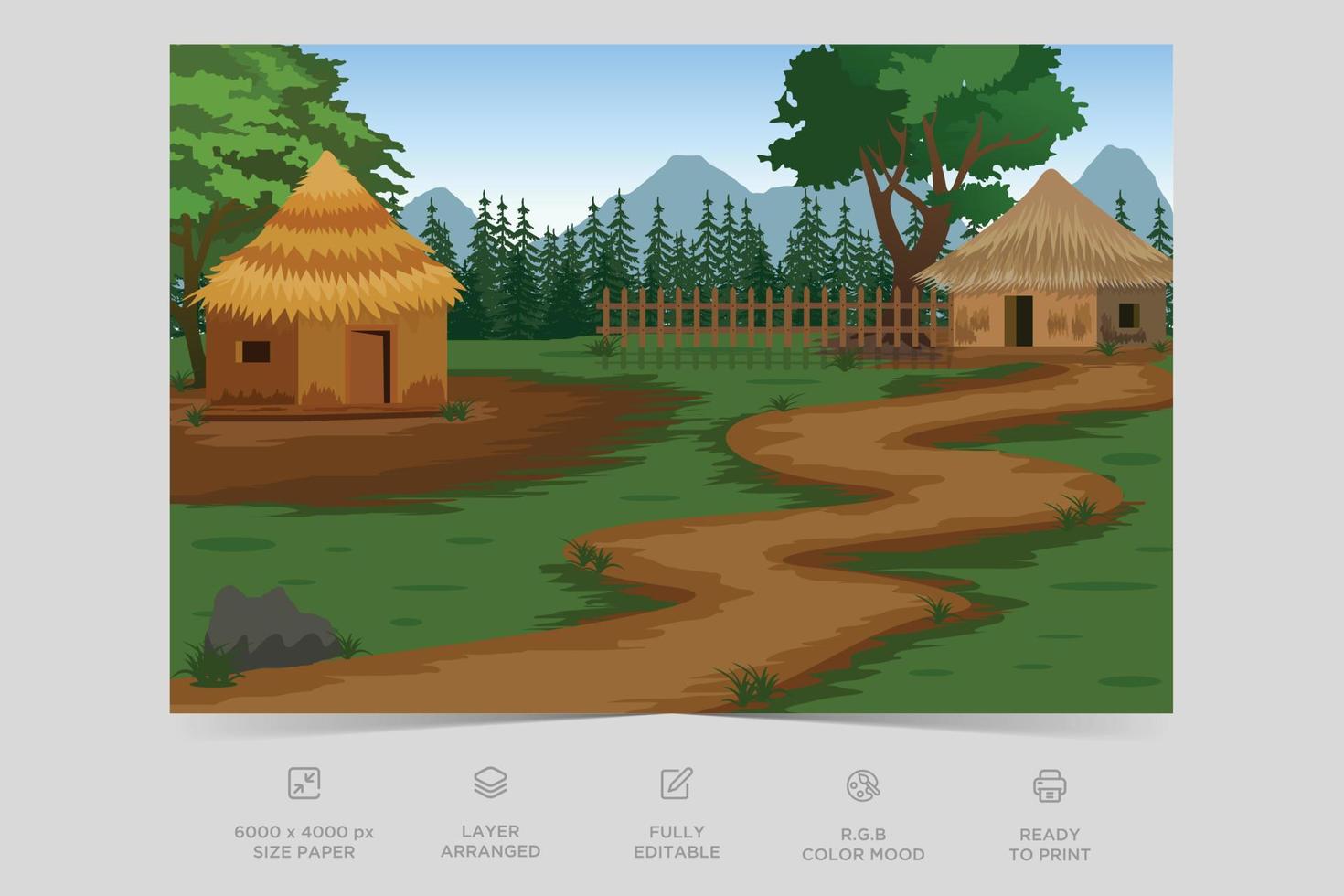 Indian Village Background Illustration. Rural mountain landscape and village vector illustration. A beautiful village with farmlands, trees, meadows and with mountains in the background.