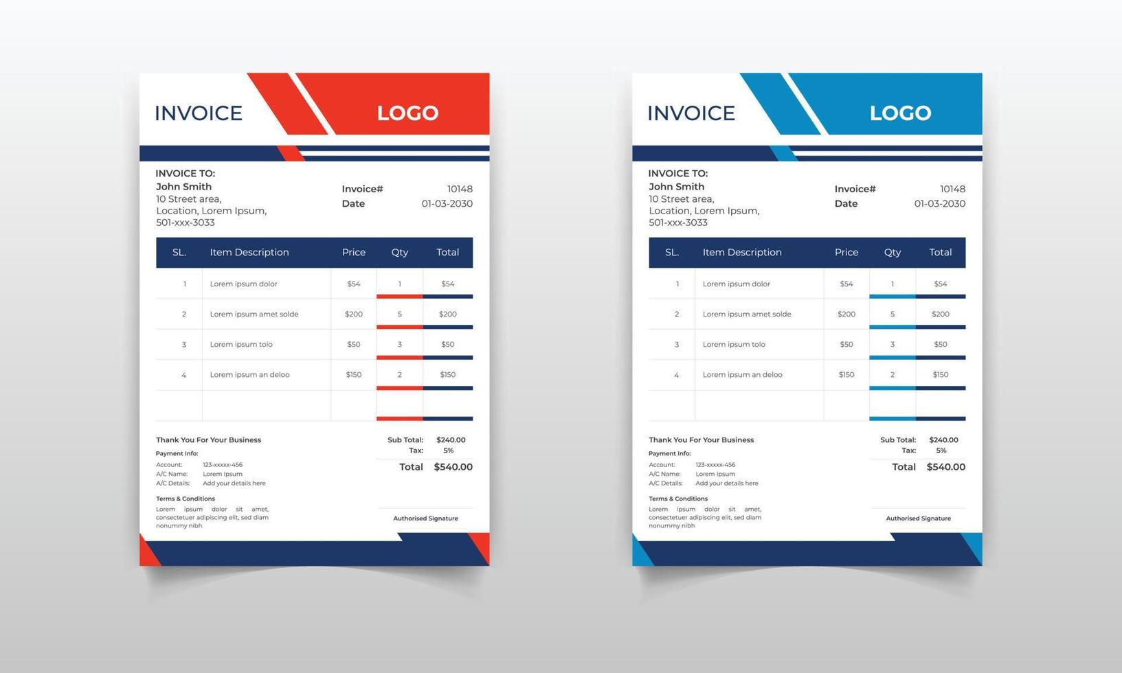 plantilla moderna de diseño de factura o recibo de factura a4, a5, a6, a7 para word, office, excel. concepto completamente editable para cualquier tipo de negocio vector