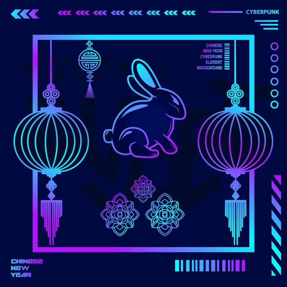 Happy chinese new year 2023 year of the rabbit zodiac cyberpunk design with dark background. Abstract technology vector holiday illustration.