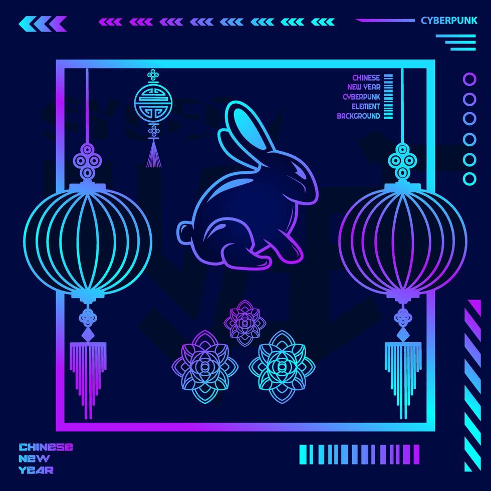 feliz año nuevo chino 2023 año del conejo zodiaco cyberpunk diseño con fondo oscuro. ilustración de vacaciones de vector de tecnología abstracta.