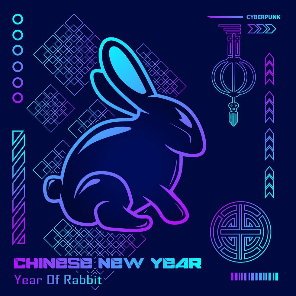 Happy chinese new year 2023 year of the rabbit zodiac cyberpunk design with dark background. Abstract technology vector holiday illustration.
