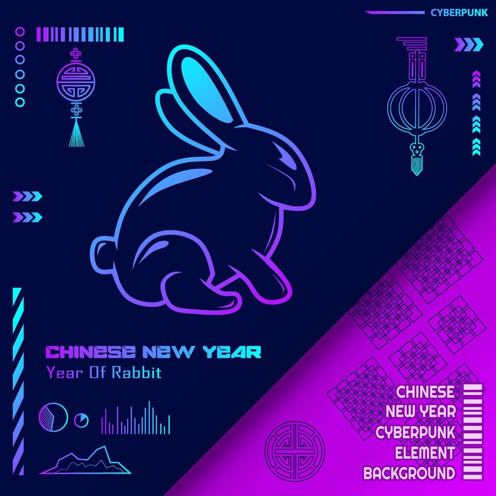 Happy chinese new year 2023 year of the rabbit zodiac cyberpunk design with dark background. Abstract technology vector holiday illustration.
