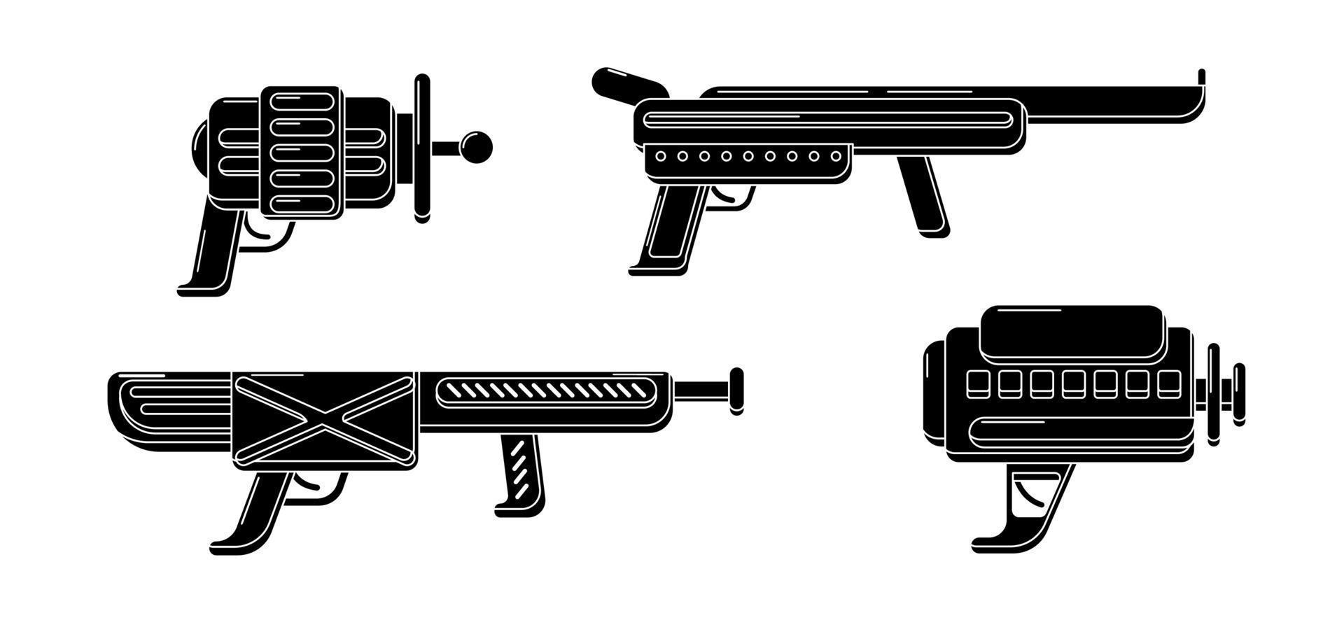Vector glyph blasters collection. Toy gun set of rubber stamps. Futuristic weapon design in black color