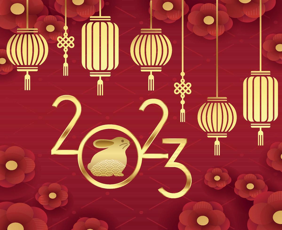Happy Chinese new year 2023 year of the rabbit Gold Abstract Design Vector Illustration With Red Background