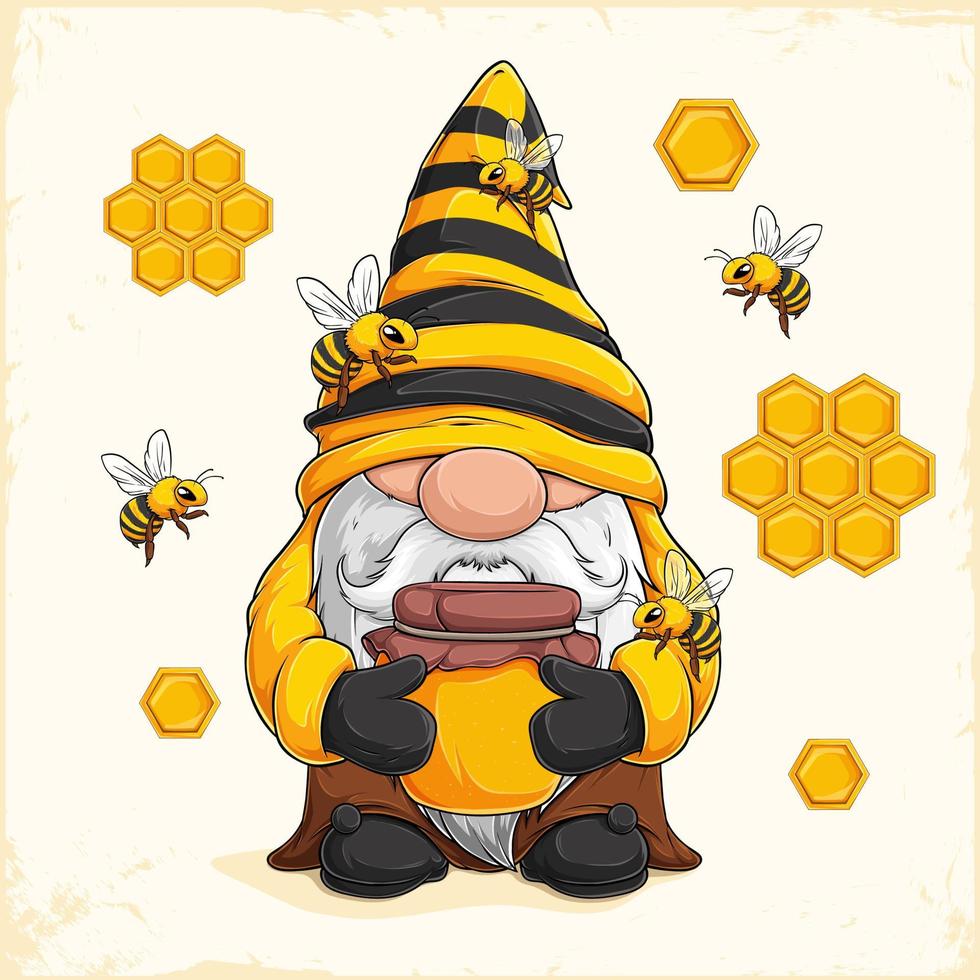 Hand drawn cute beekeeper gnome holding a glass jar full of honey surrounded by bees and honeycomb vector