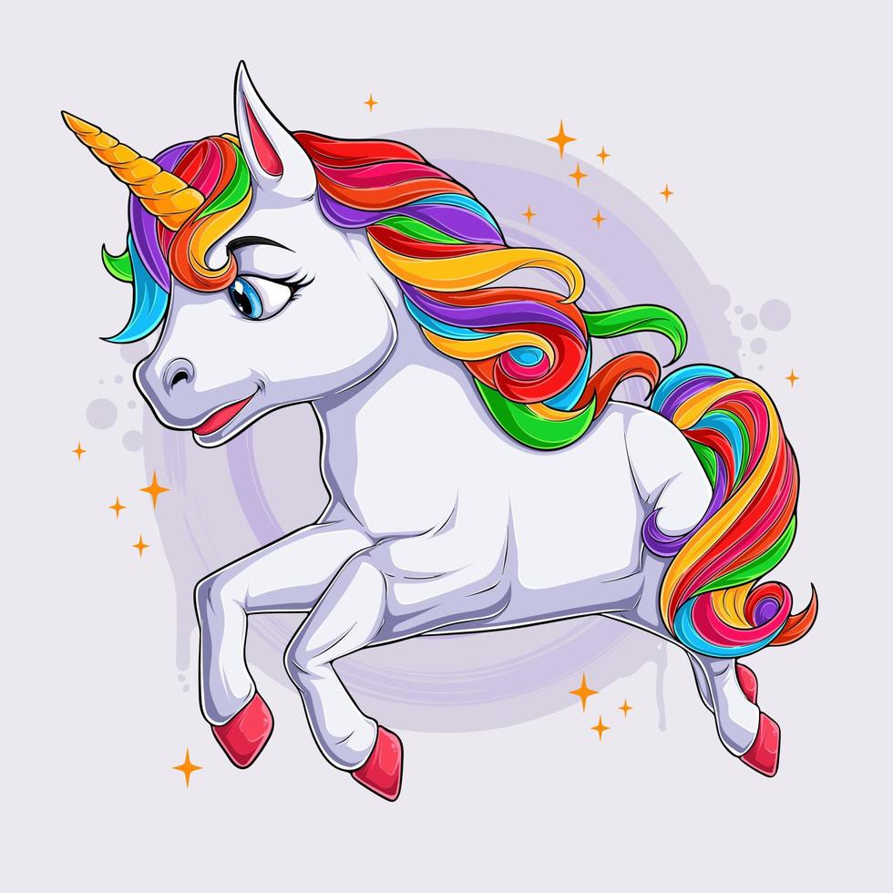 dibujado a mano lindo pequeño unicornio mágico personaje corriendo con cabello colorido aislado vector