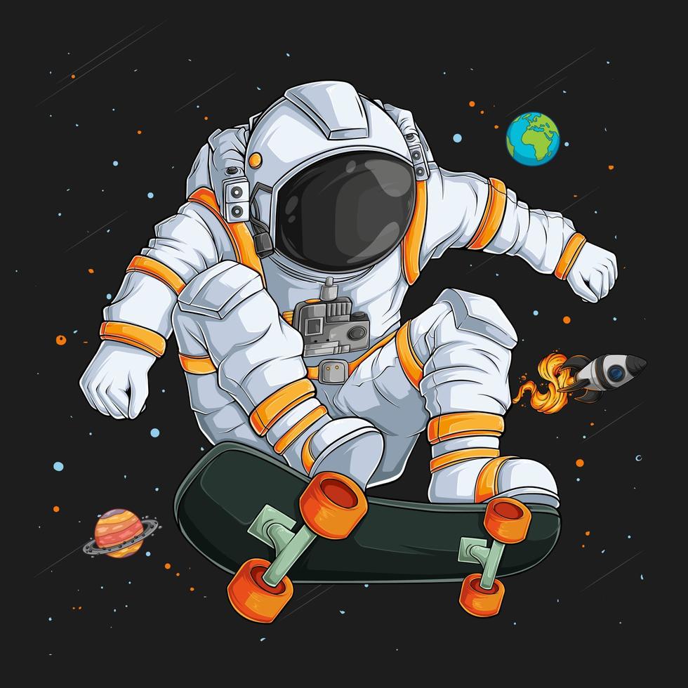 astronauta dibujado a mano en traje espacial jugando patineta en el espacio sobre cohetes espaciales y planetas vector