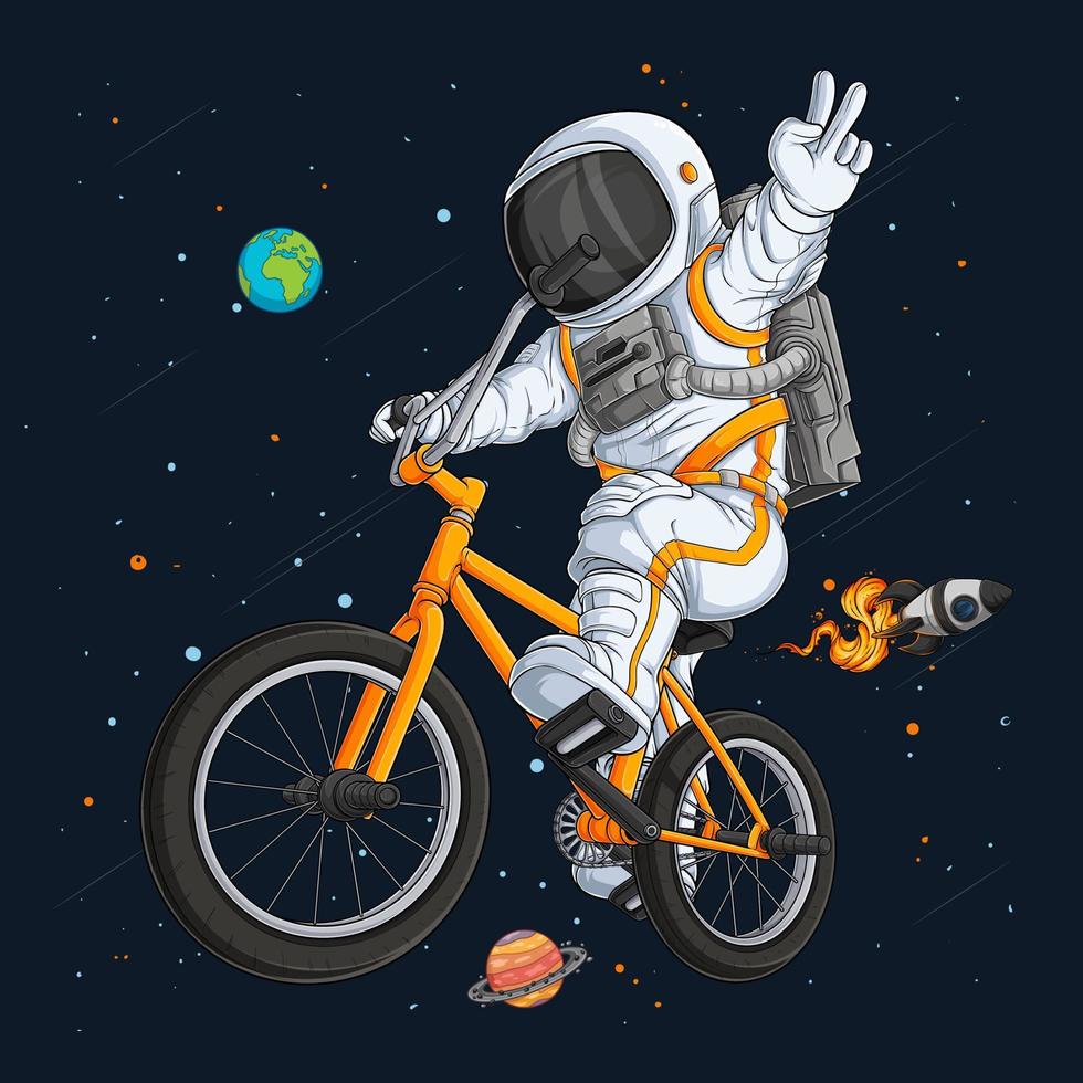 Hand drawn astronaut in spacesuit riding BMX bike on space over space rocket and planets vector