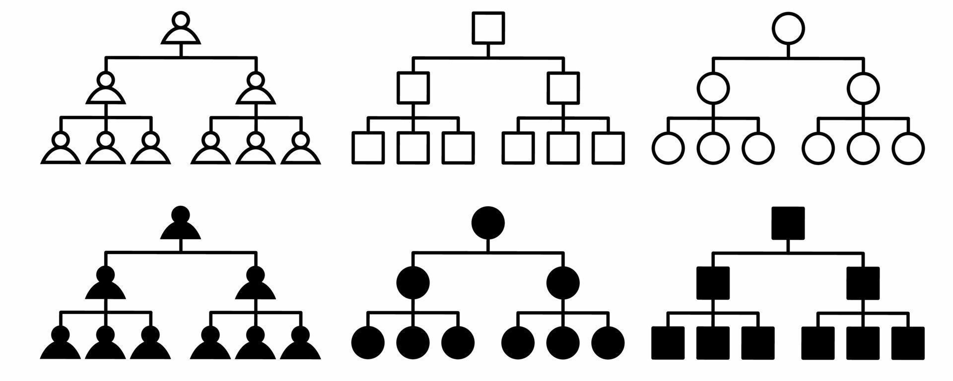 estructura de organización de silueta de esquema o conjunto de iconos de árbol genealógico aislado sobre fondo blanco vector