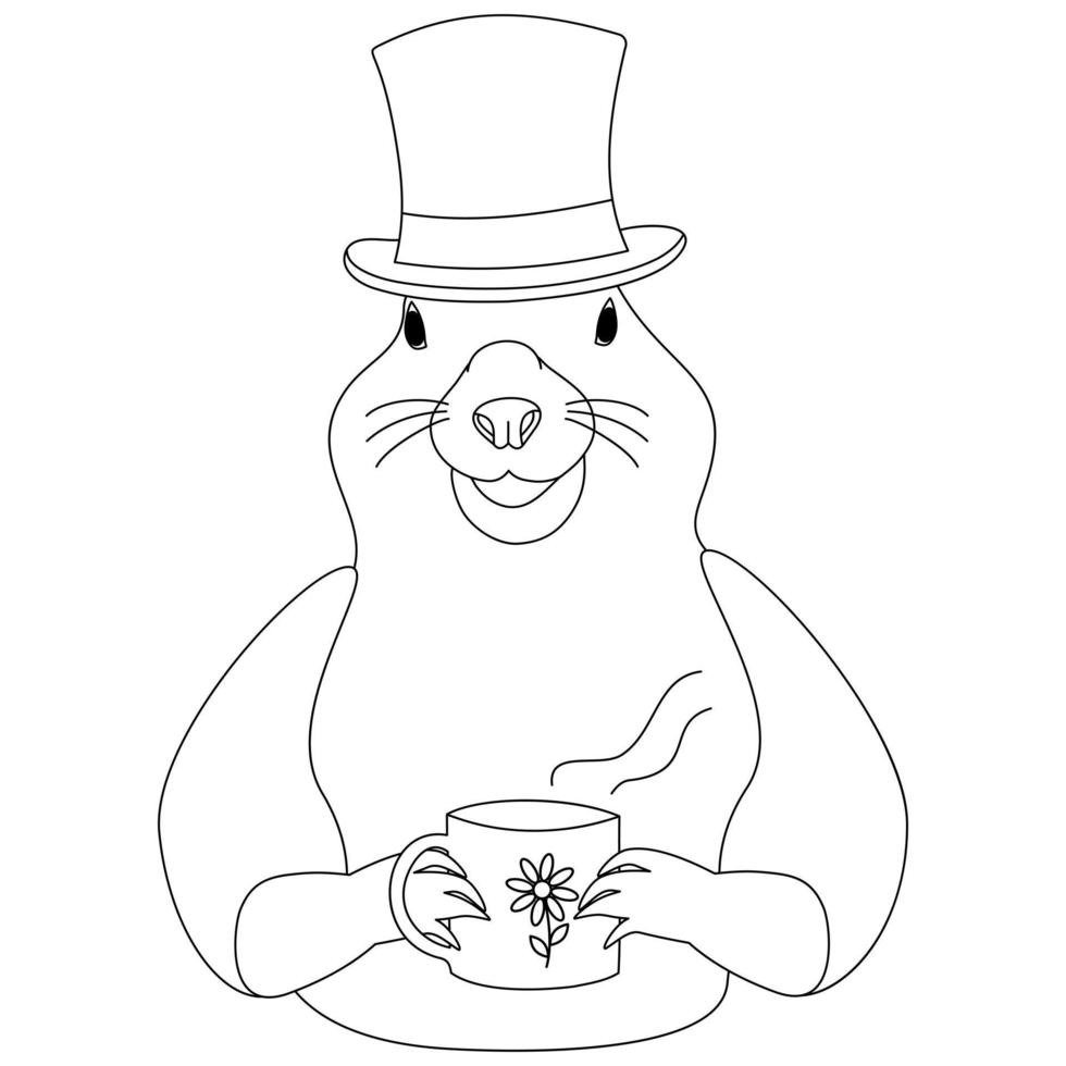 Contour image of the groundhog in a hat with a steaming cup in his paws with a floral image. Icon vector