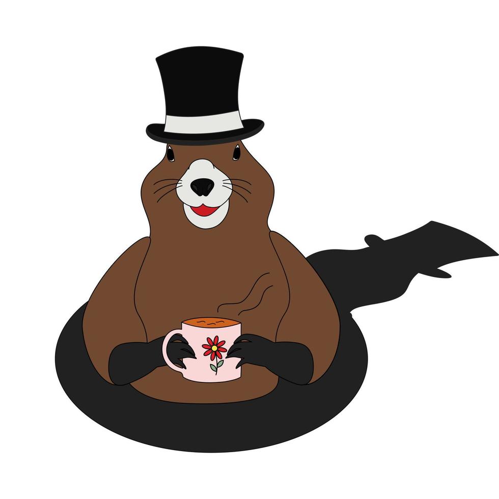 una marmota en un sombrero con una taza humeante en sus patas saliendo de su agujero. feliz dia de la marmota. vector