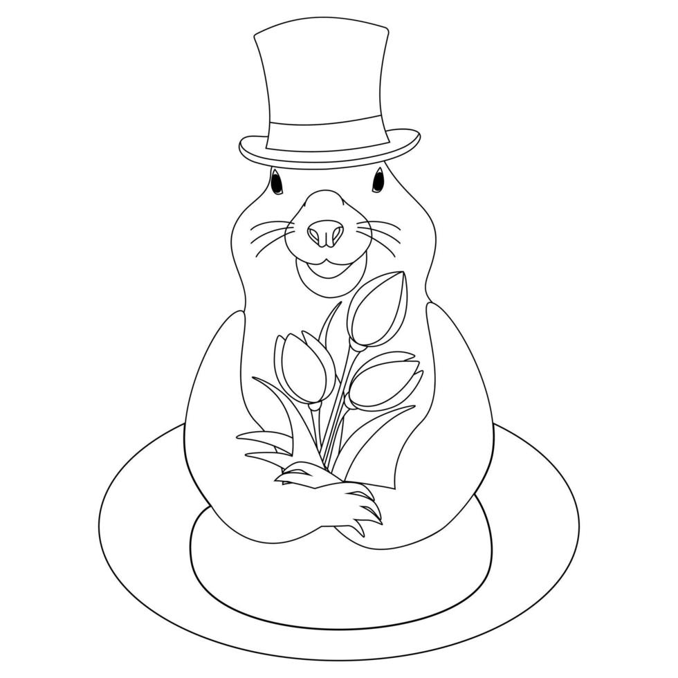 Contour image of groundhog in a hat with flowers bouquet coming out of a hole. Happy Groundhog day. vector