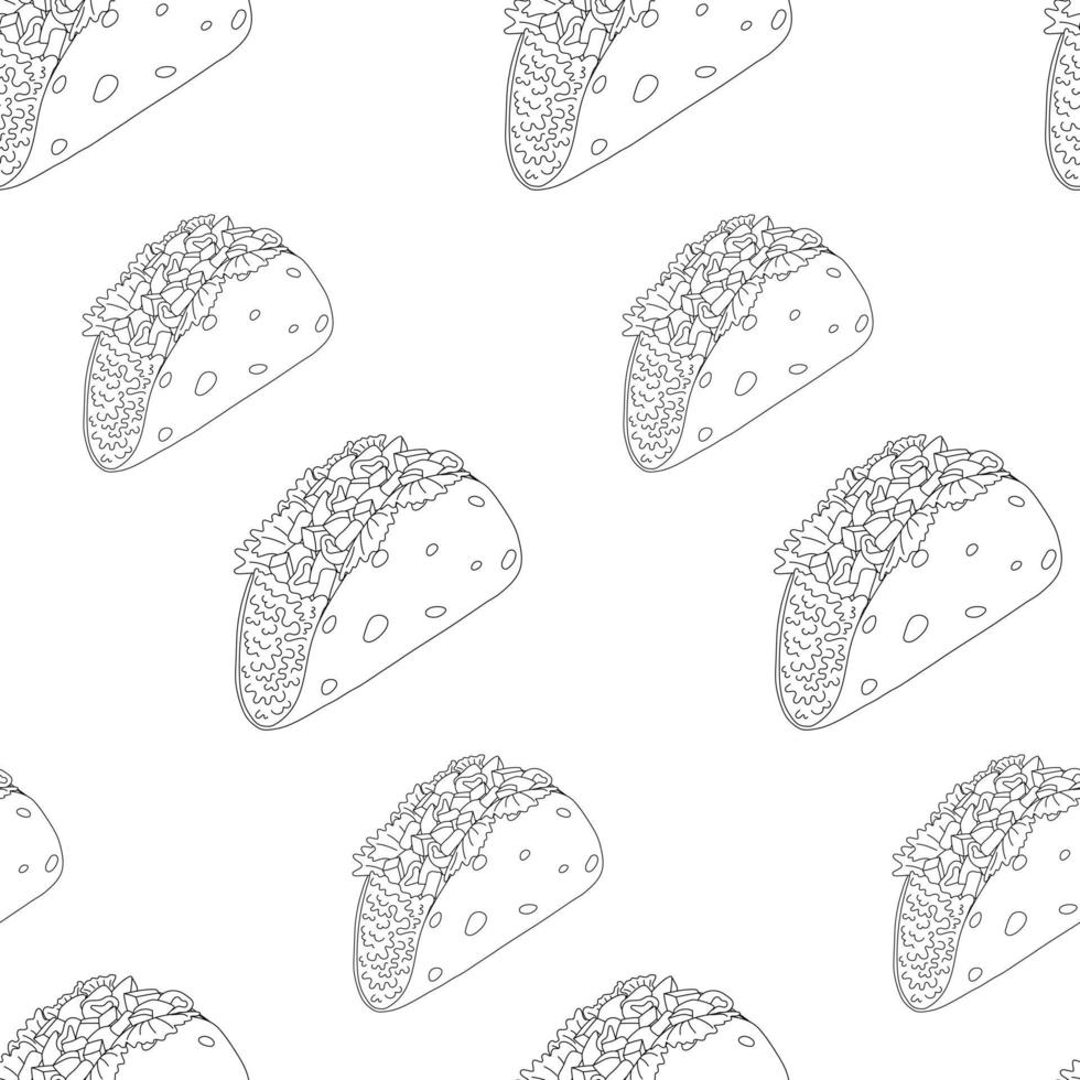 Seamless pattern with Tacos from meat, vegetables pointing in different directions. Mexican cuisine vector