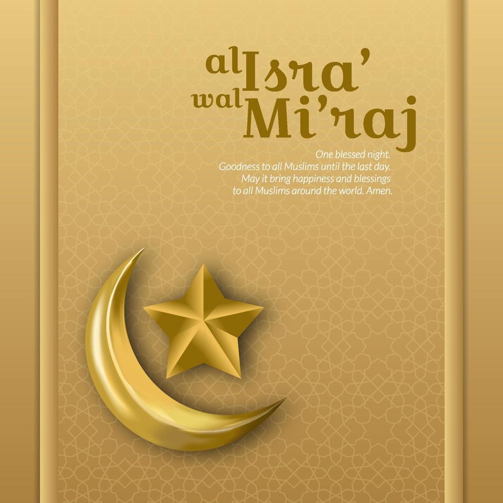 saludando a al isra' wal mi'raj con luna creciente de estrella dorada 3d con concepto elegante vector