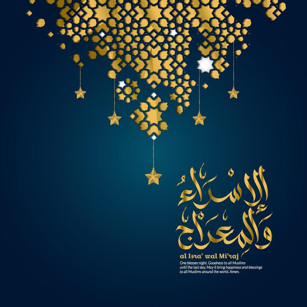 Vector greeting al isra' wal mi'raj with luxury design golden calligraphy and geometry