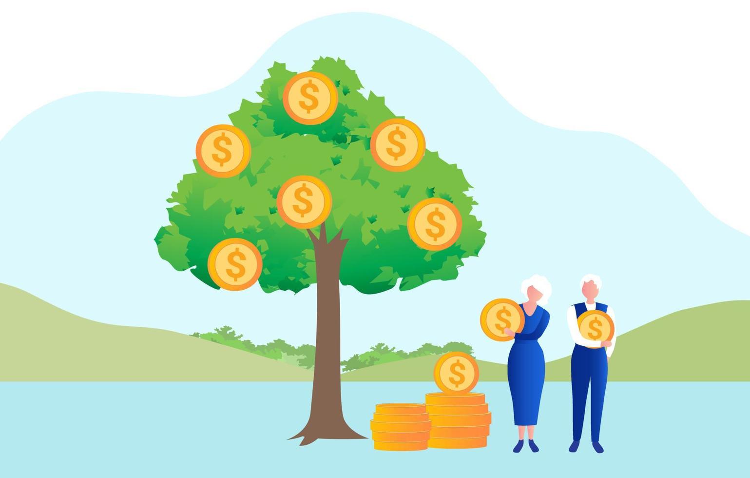 Senior couple harvesting money from gold coins tree for financial growth and return on investment profit and retirement financial planning vector illustration