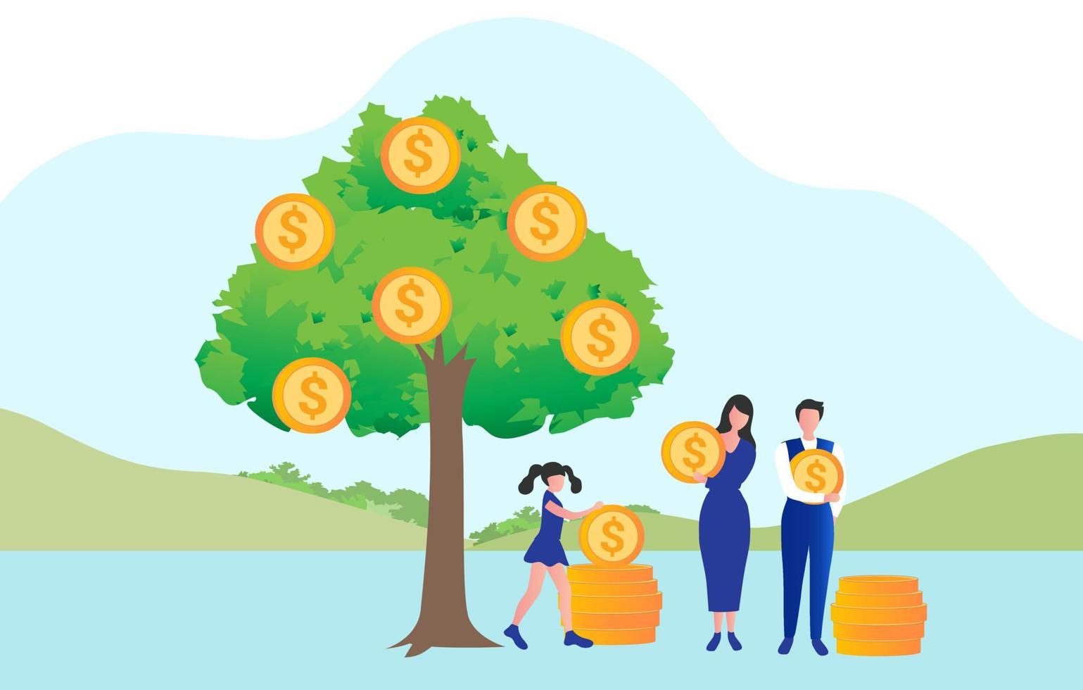 Family harvesting money from gold coins tree for financial growth and return on investment profit and financial planning vector illustration