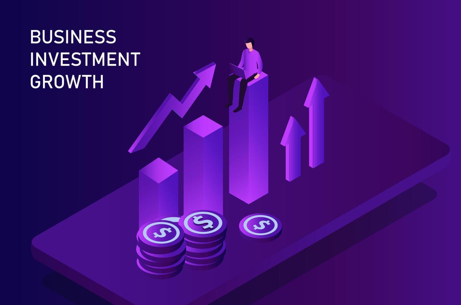 concepto de crecimiento de la inversión empresarial. hombre de negocios sentado en la creciente ilustración de vector de gráfico de paso. ganancias, crecimiento, logros y éxito de la inversión empresarial