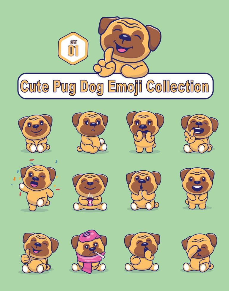 conjunto de lindos personajes de perros pug con diferentes emoticonos vector