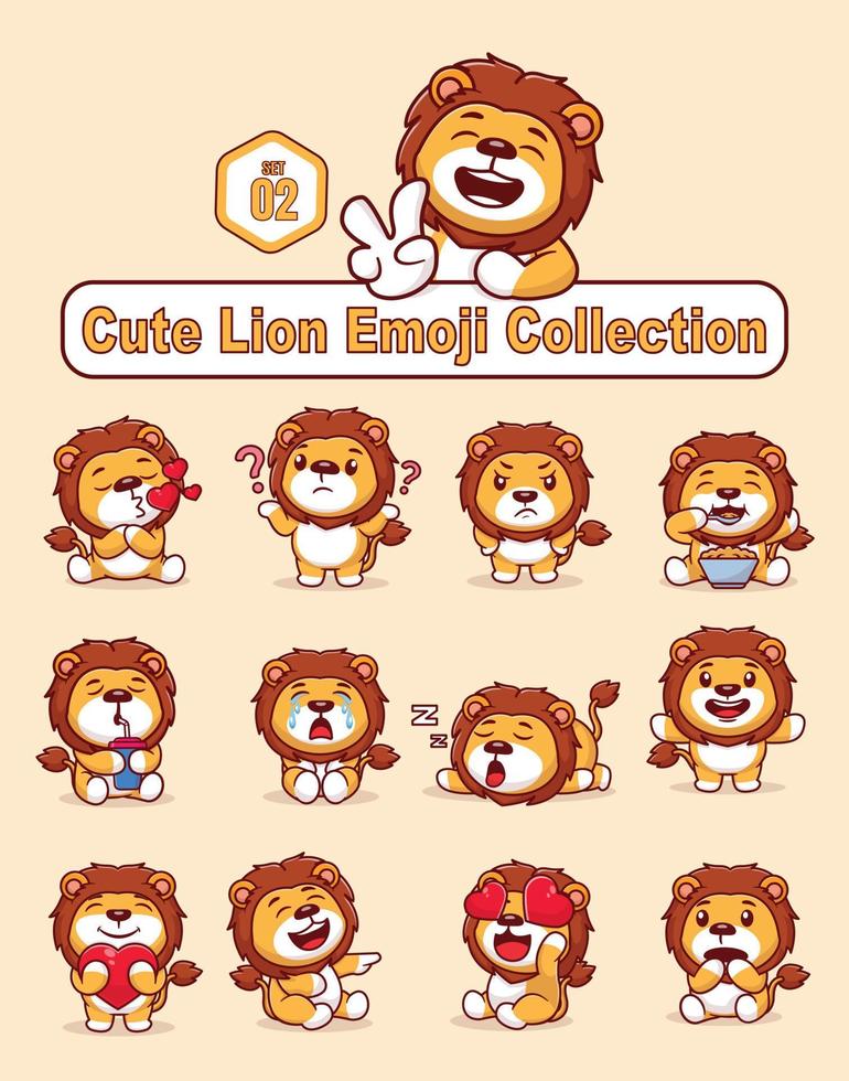 Set of cute lion characters with different emoticons vector