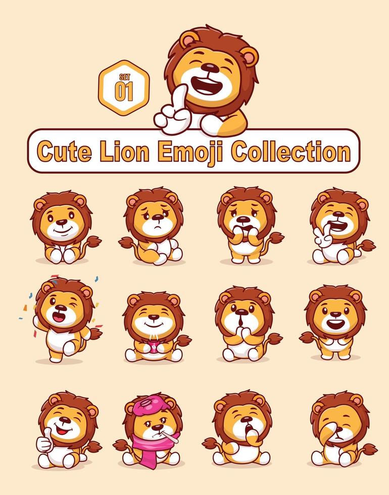Set of cute lion characters with different emoticons vector