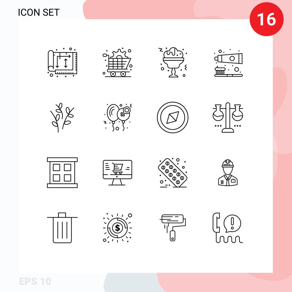 Editable Vector Line Pack of 16 Simple Outlines of catkin teeth care gear toothbrush brush Editable Vector Design Elements