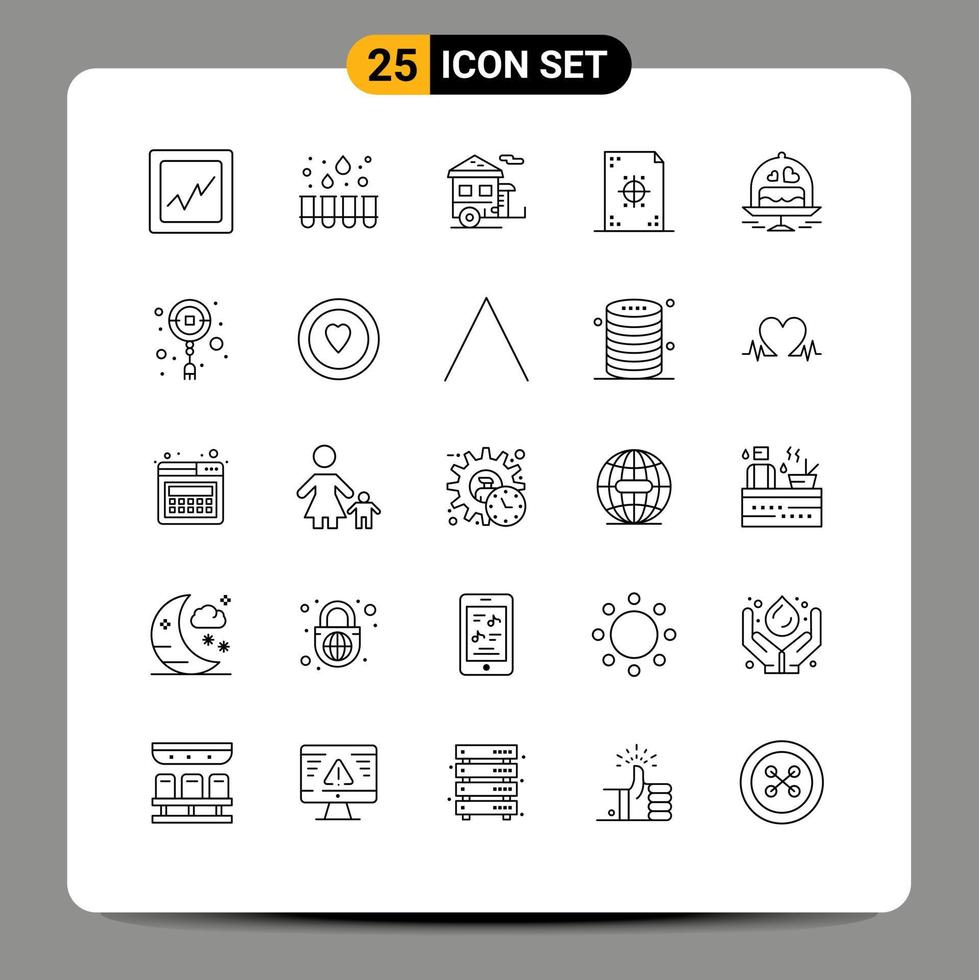Mobile Interface Line Set of 25 Pictograms of wedding cake trailer printing development Editable Vector Design Elements