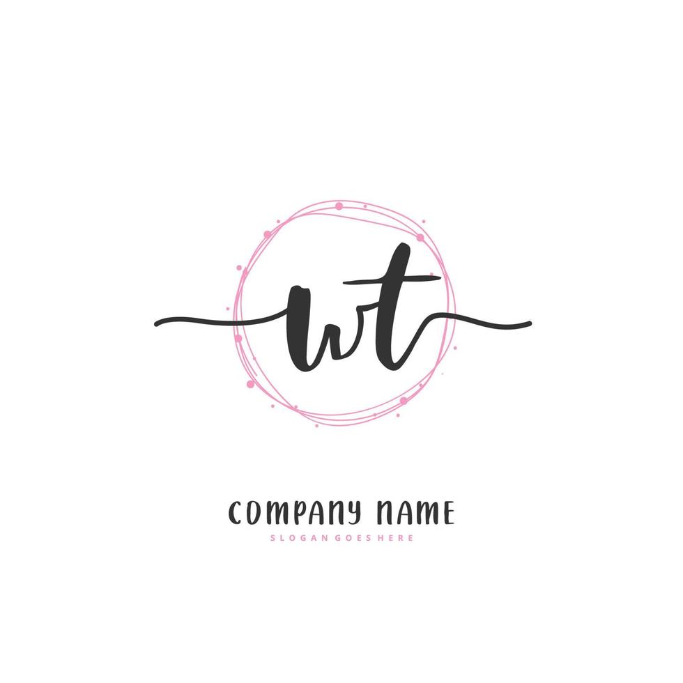 wt escritura a mano inicial y diseño de logotipo de firma con círculo. hermoso diseño de logotipo escrito a mano para moda, equipo, boda, logotipo de lujo. vector