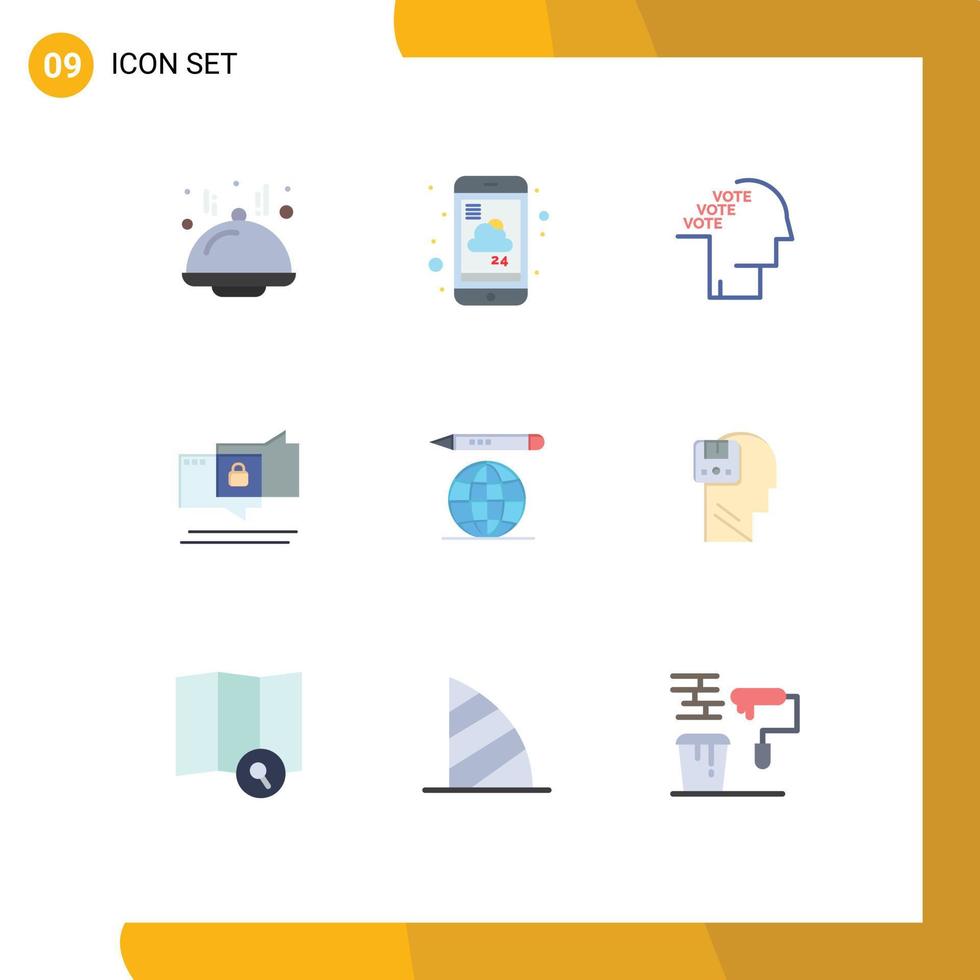 paquete de 9 signos y símbolos modernos de colores planos para medios de impresión web, como elementos de diseño de vectores editables de voz de chat de boletas de seguridad mundial