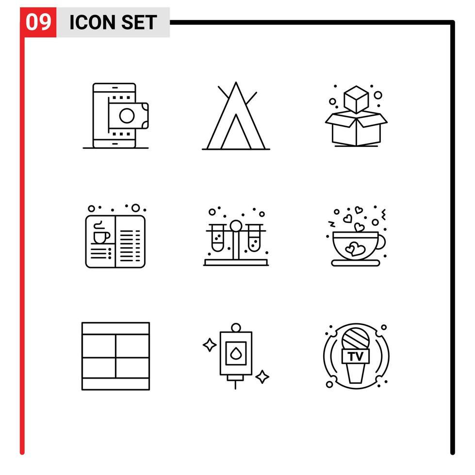 Mobile Interface Outline Set of 9 Pictograms of test food cube drink cafe Editable Vector Design Elements