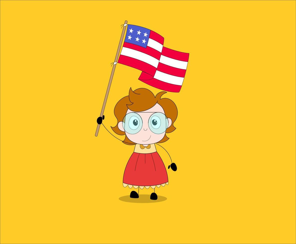 ilustración de dibujos animados de vector de niña sosteniendo la bandera americana