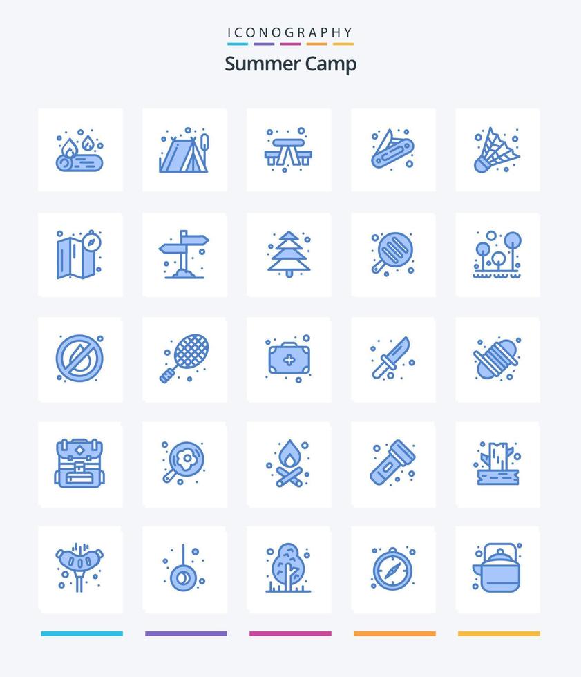 campamento de verano creativo 25 paquete de iconos azules como la ubicación. juego. exterior. cámping. bolsillo vector